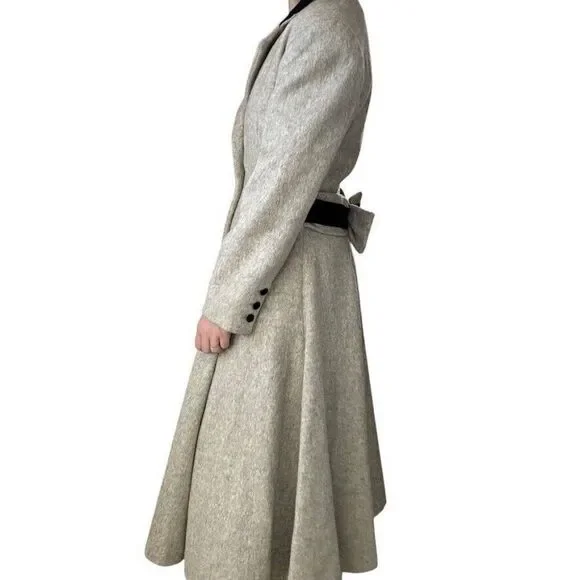 Vintage Womens Cullinane Gray Wool Bow Waist Velvet Collar Trench Coat Jacket S - Picture 9 of 14